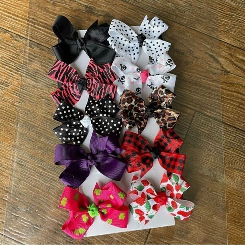 Handcrafted No-Slip Grippy Grosgrain Ribbon Hair Bows Bundle Set of 10 NEW